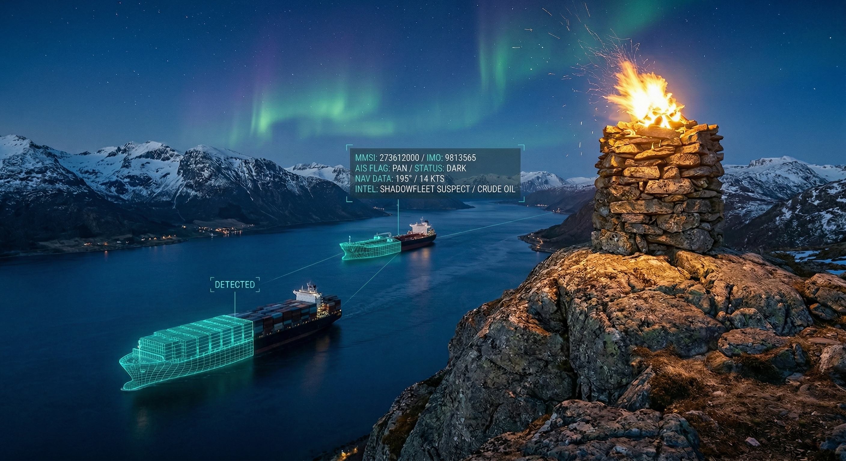 Maritime intelligence — fjord with detected vessels and burning varde