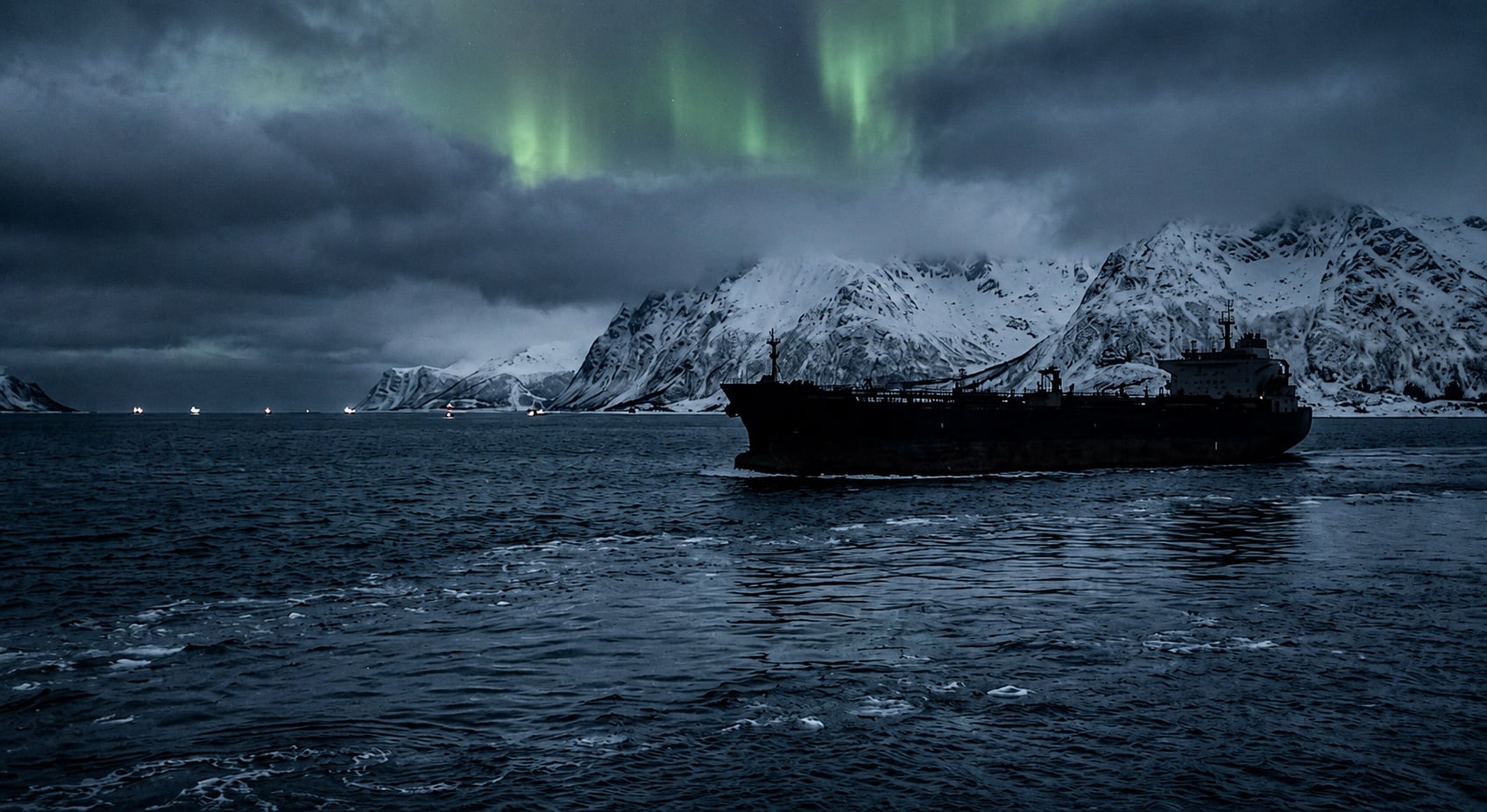 A tanker in Arctic waters beneath the northern lights off the coast of northern Norway.